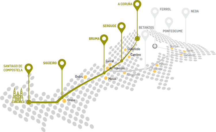 Mapa de etapas de A Coruña a Santiago de Compostela